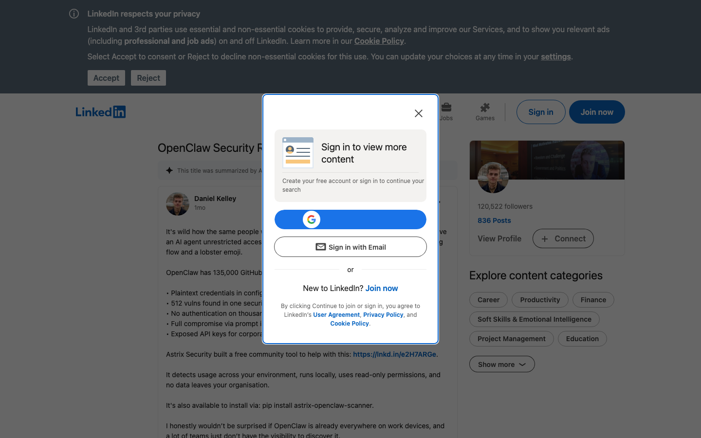Astrix Security sponsored LinkedIn thread