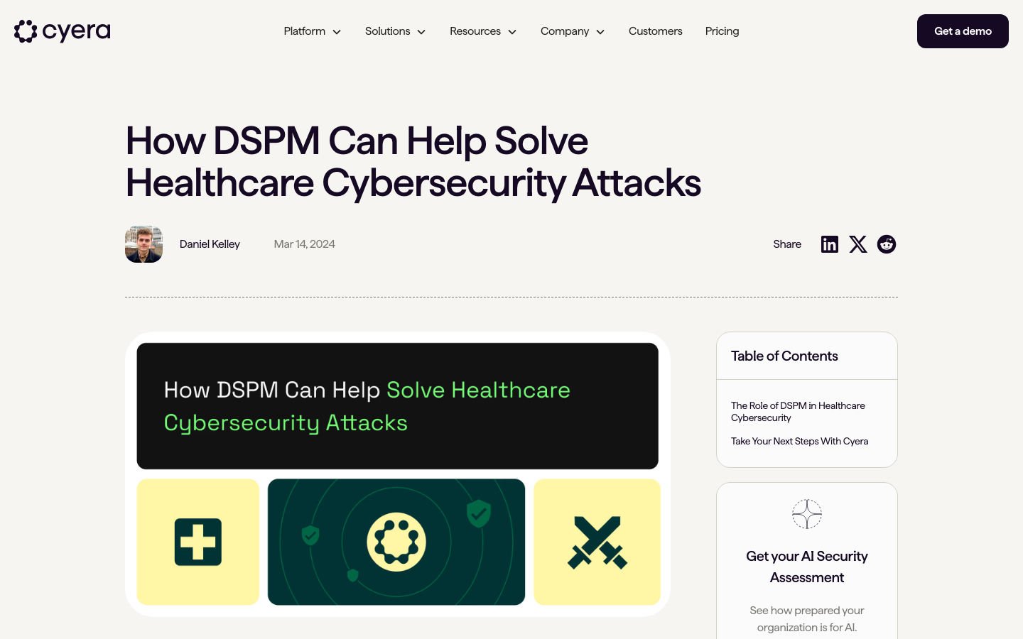 Cyera blog article: How DSPM Can Help Solve Healthcare Cybersecurity Attacks (article column)