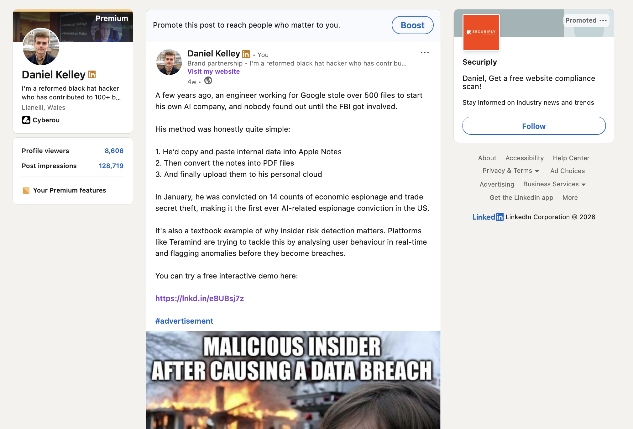 Sponsored LinkedIn post via Flooencer for Teramind, anchored to a Google insider-risk case and a free-demo CTA