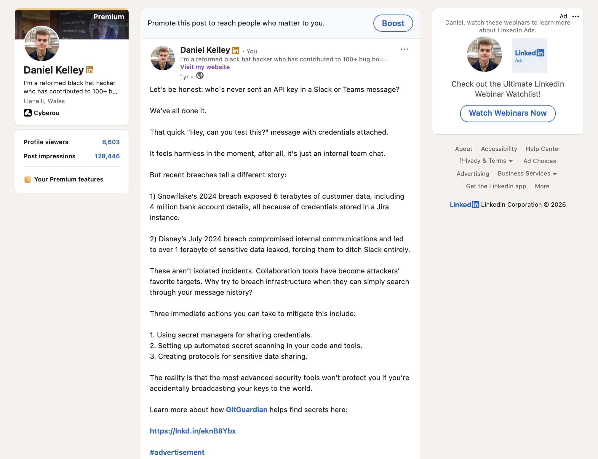 GitGuardian sponsored LinkedIn post on credentials leaking through Slack and Teams messages, with Snowflake and Disney breach references