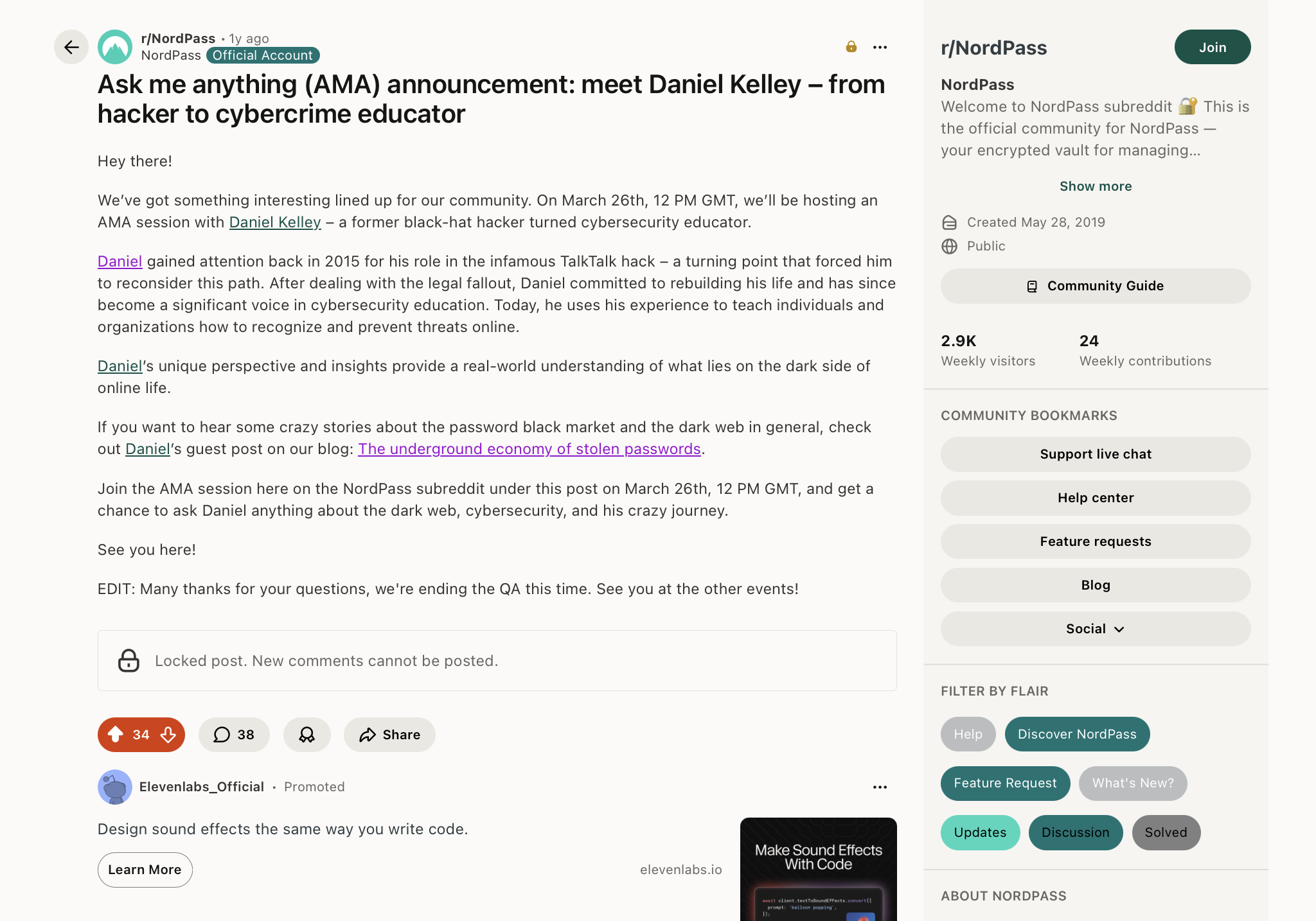 AMA announcement on r/NordPass subreddit introducing Cyberou as the featured expert on credential cybercrime