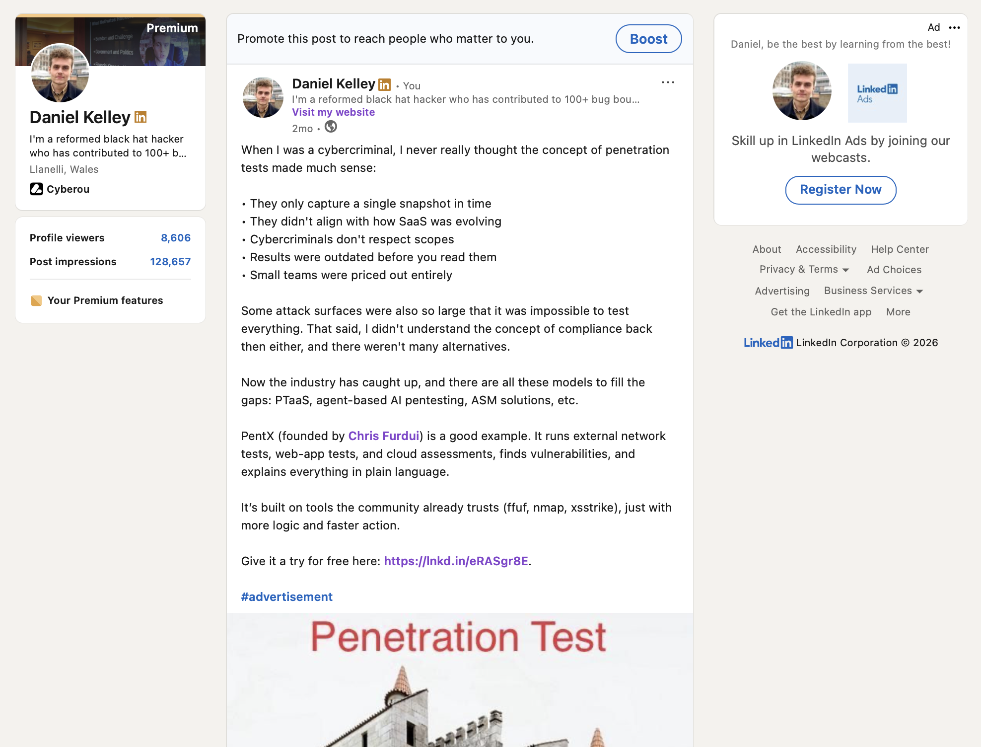 PentX sponsored LinkedIn post anchored to the failures of the legacy pentest model and a free-trial CTA