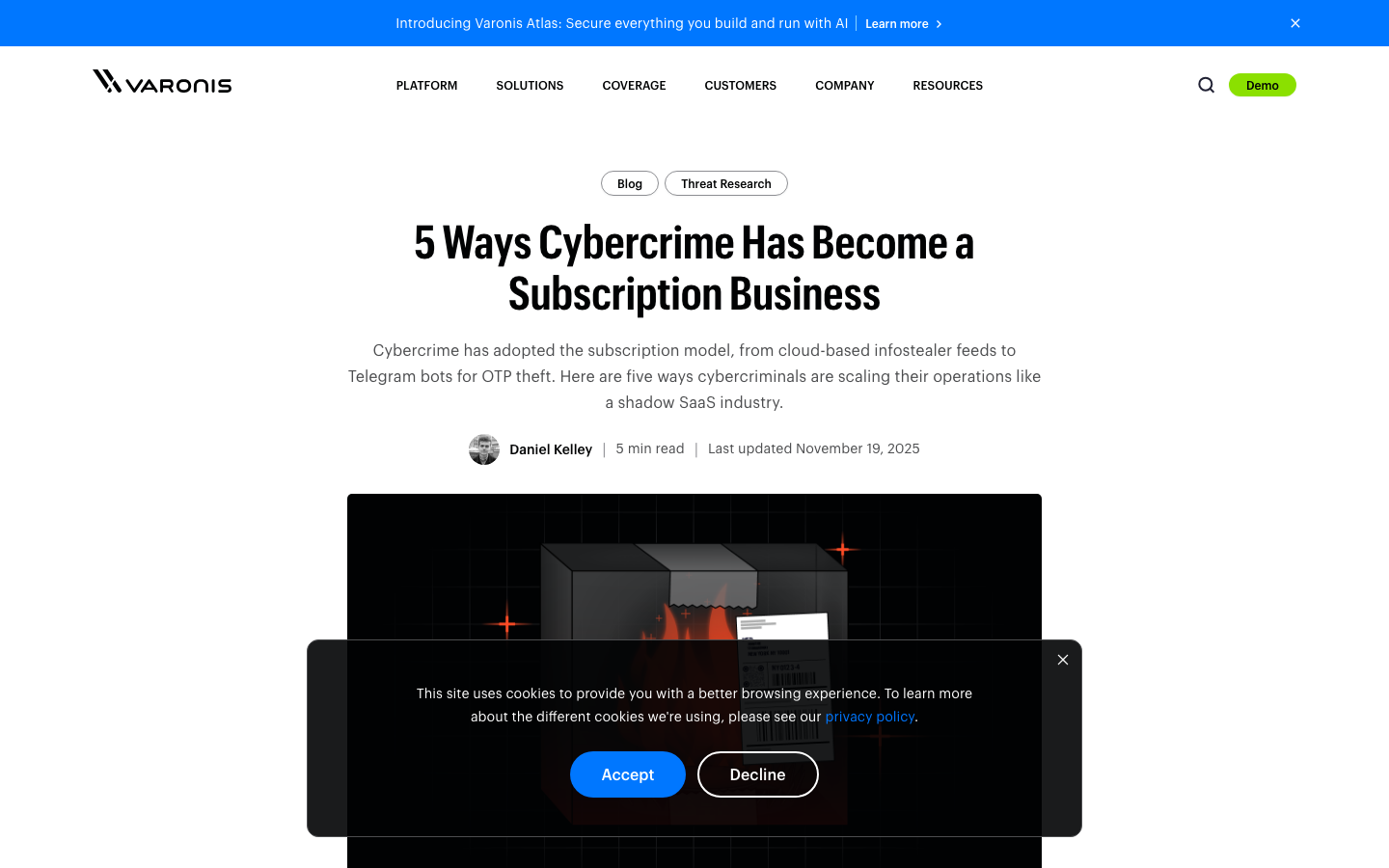 Live Varonis blog article in the browser: 5 Ways Cybercrime Has Become a Subscription Business
